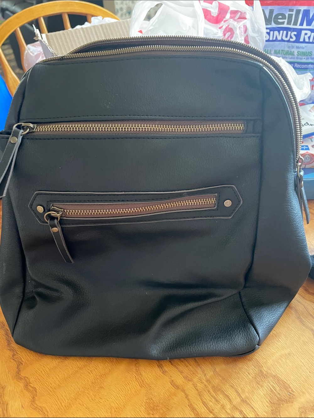 Women's Black Faux Leather Backpack with Gold Zipper Accents